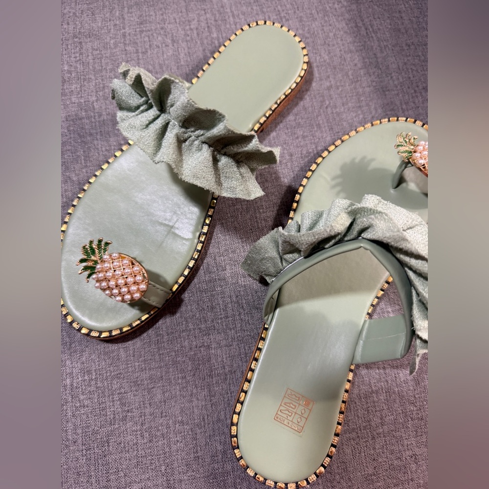 Green Sandals with Pineapple Detail and Top Foot Strap